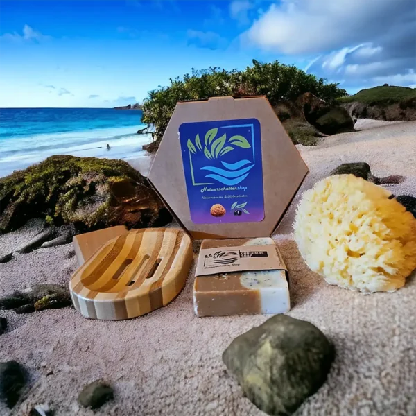 Wellness box met natuurspons, handgemaakt zeeoje en zeepbakje dat ook gebruikt kan worden als sponshouder